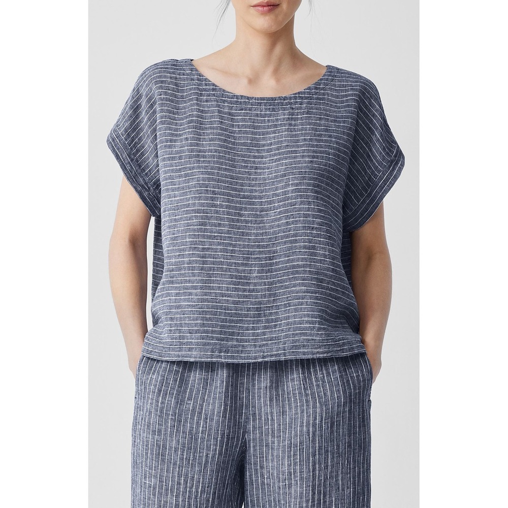 Eileen Fisher Organic Linen Striped Boxy Top XL Blue White Ballet Boat Neck